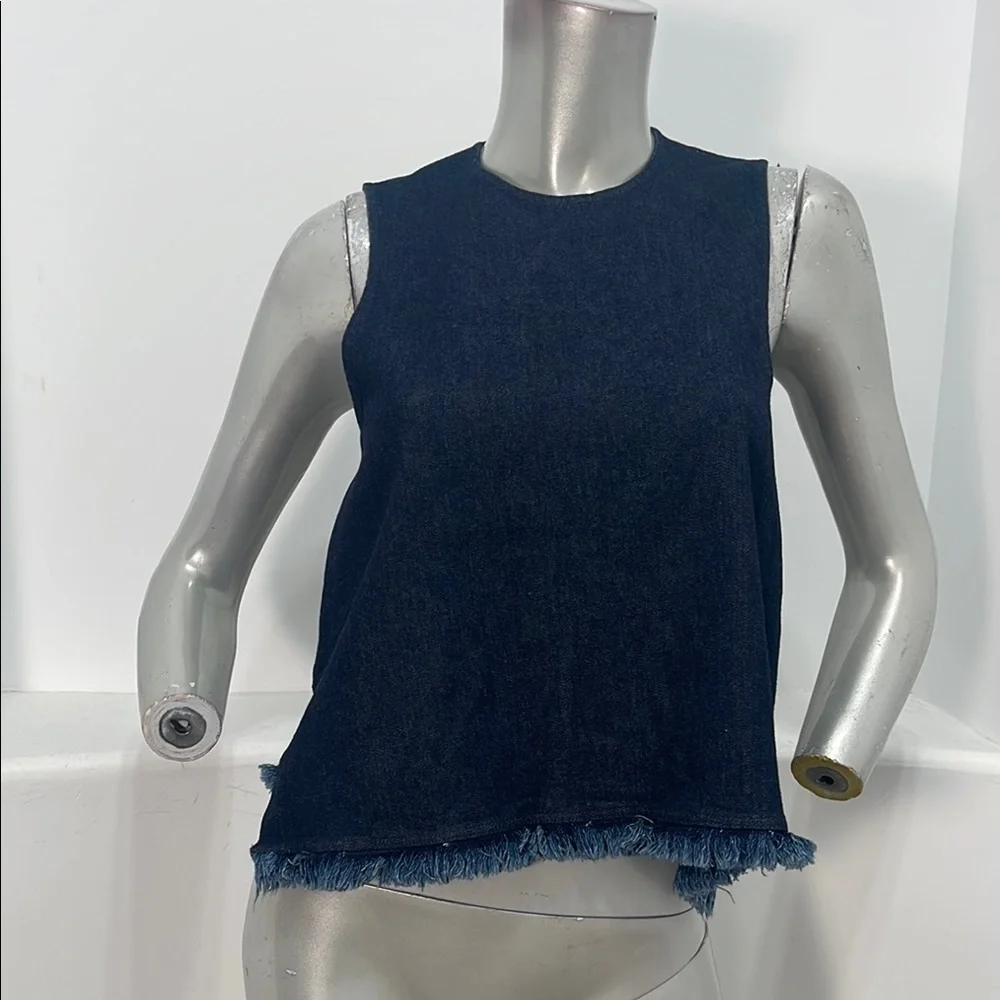 A.L.C. Sample Blue Denim Crop Tank Top Sleeveless Fringe Hem